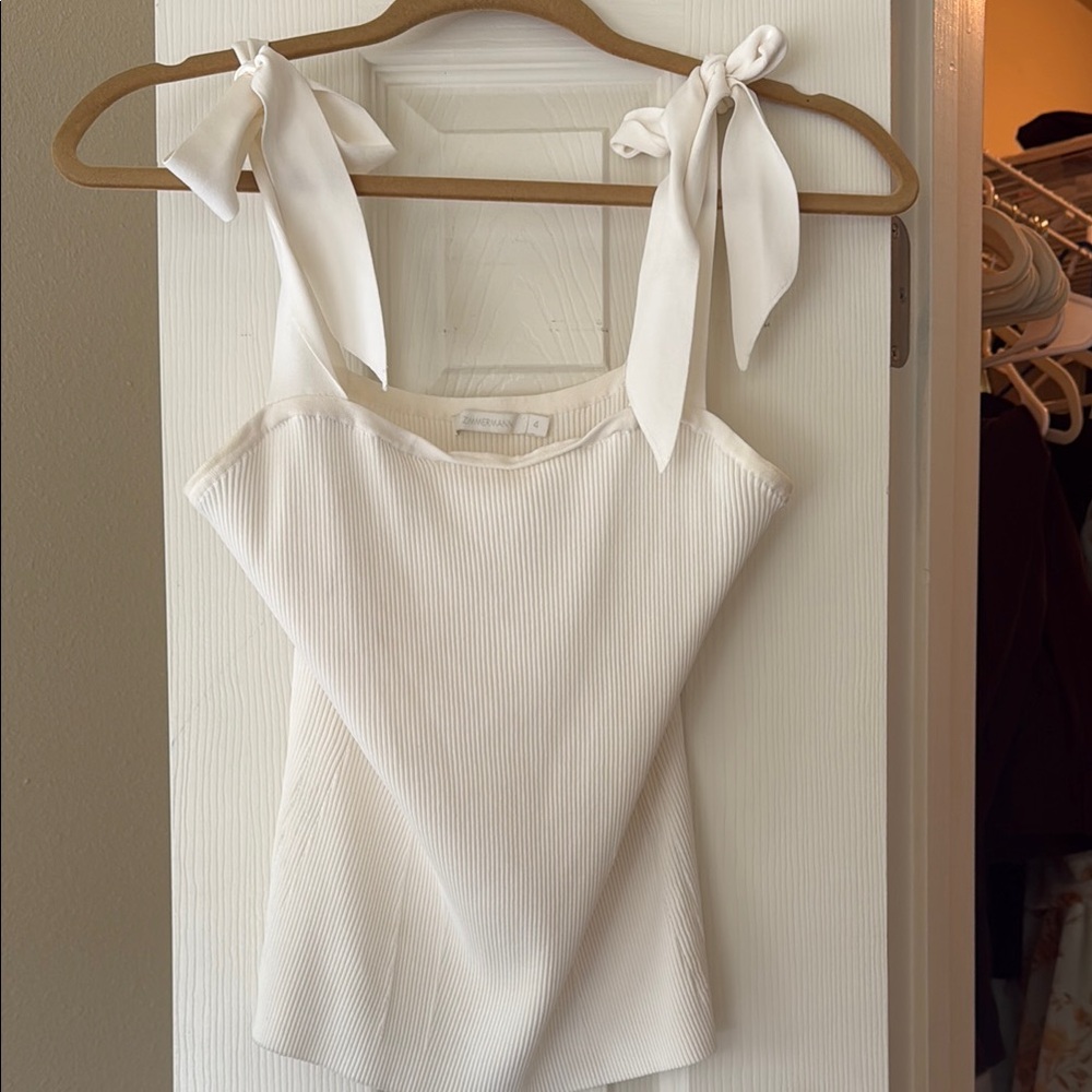 Zimmermann White Ribbed Tie-Shoulder Camisole